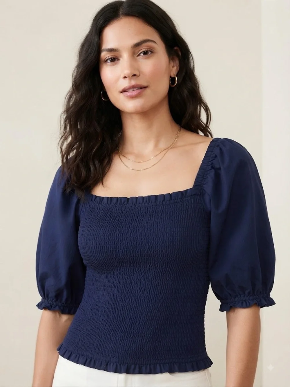 LOFT Navy Smocked Square Neck Puff Sleeve Blouse L